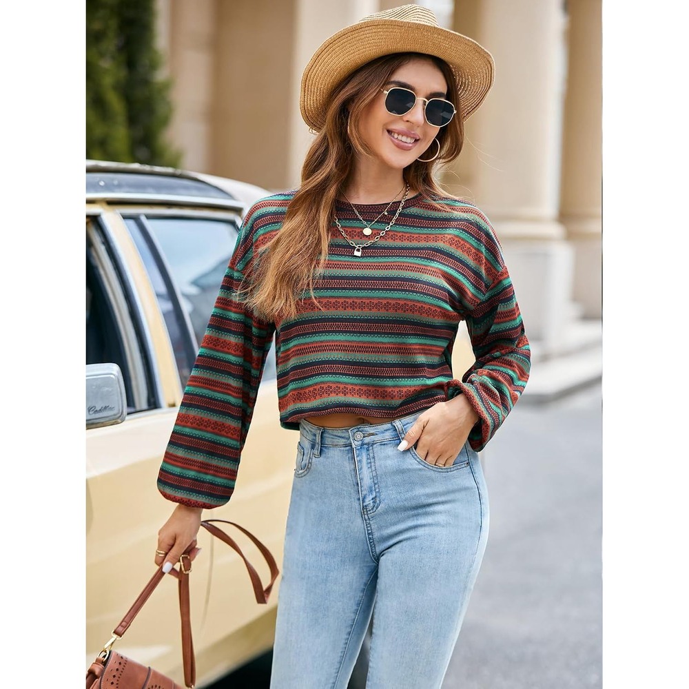 ZAFUL Women Orange Teal Geometric Fair Isle Print Cropped Long Sleeve Top Small